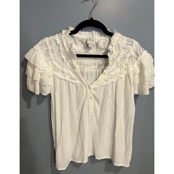 Anthropologie Maeve Short Sleeve Ruffle Yoke Blouse in White - Picture 3 of 11